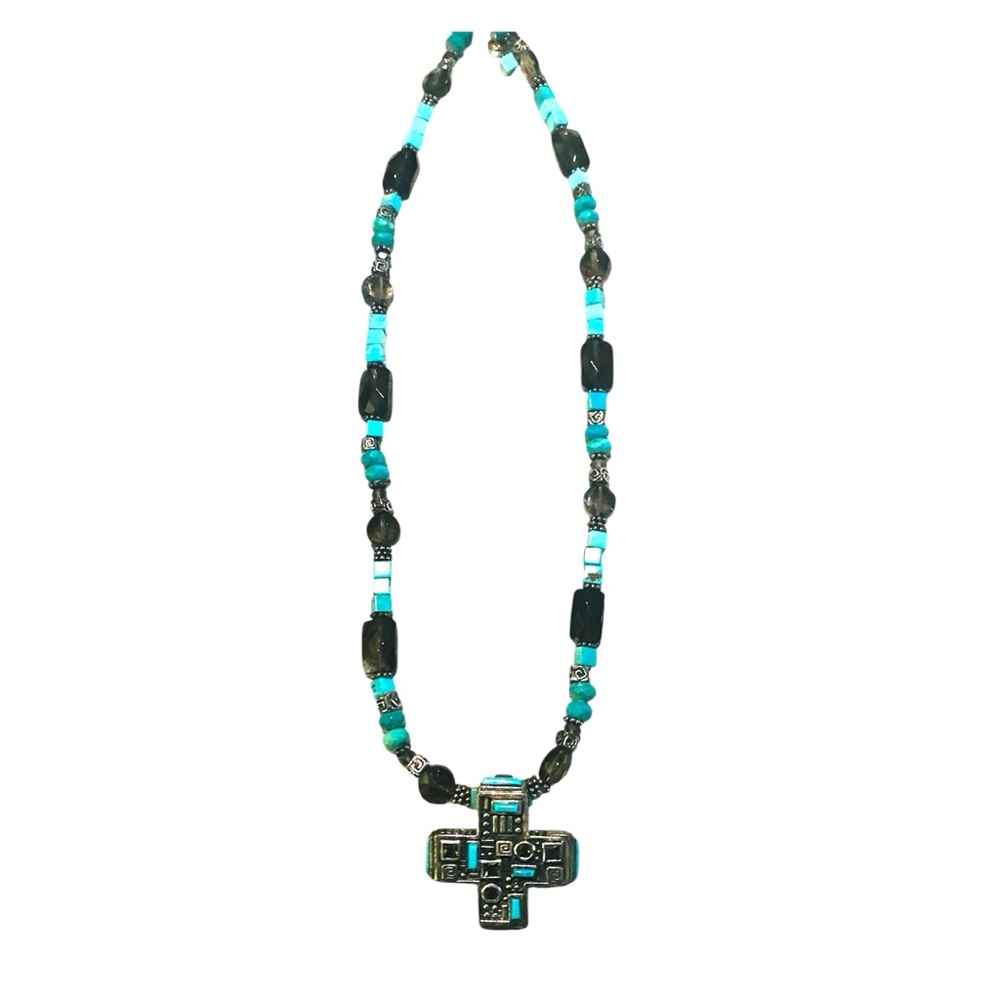 BARSE Vintage Southwestern Turquoise and Black Onyx Beaded Cross Necklace.